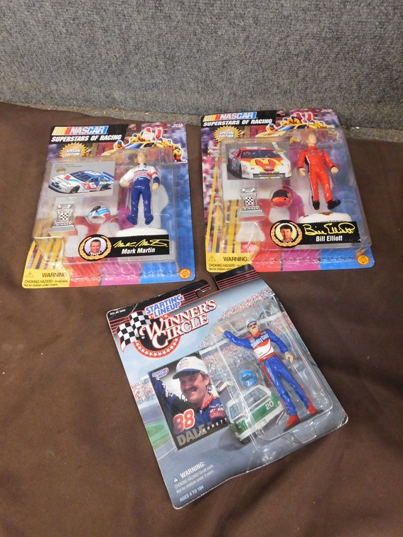Three Nascar Action Figures, Dale Jarrett, Bill Elliott, Mark Martin, New in Packages