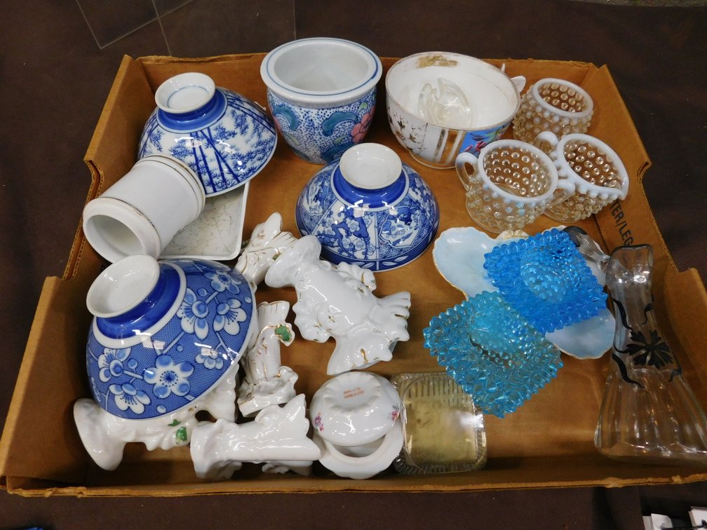 Hobnail Cream Sugar, Blue White Dishes, Small Vases etc.