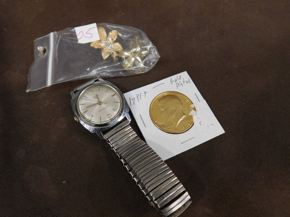 1981 P Gold Plated Kennedy Half Dollar, Caravelle Watch and Earrings
