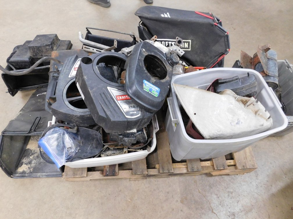 Pallet Lot of Assorted Lawn Mower Parts, Baggers, Tanks etc.