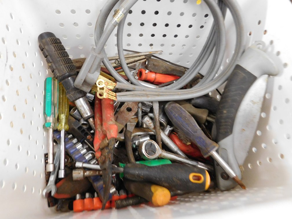 Sterilite Basket with Dryer Cord, Tools, Sockets etc.