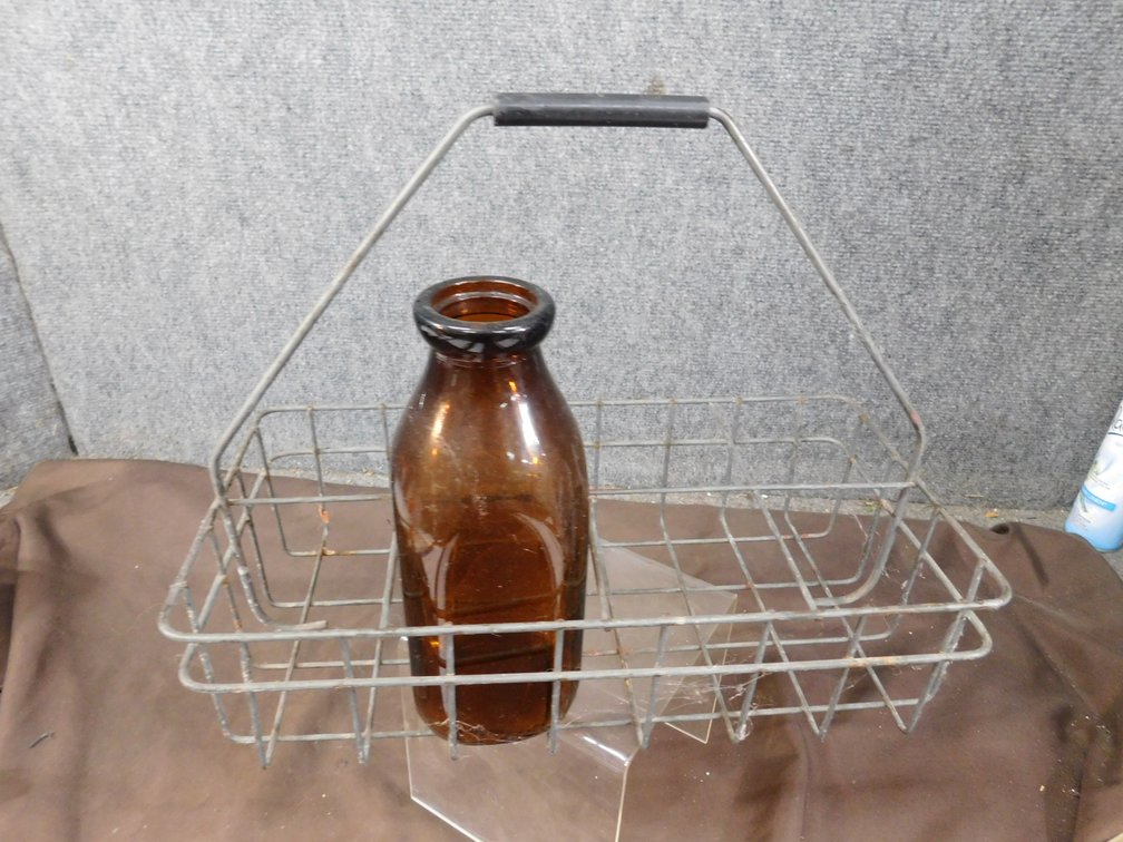 Wire Crate with Amber Quart Milk Bottle