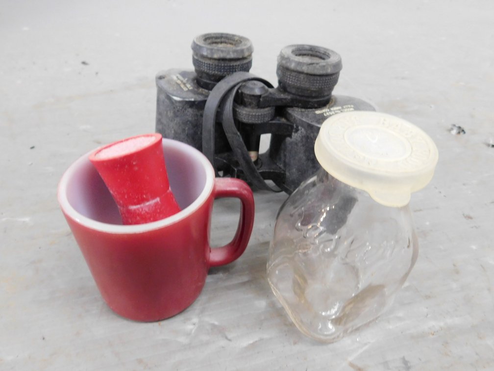 Kasler's 1/2 Pint Milk Bottle, Binoculars, Mug