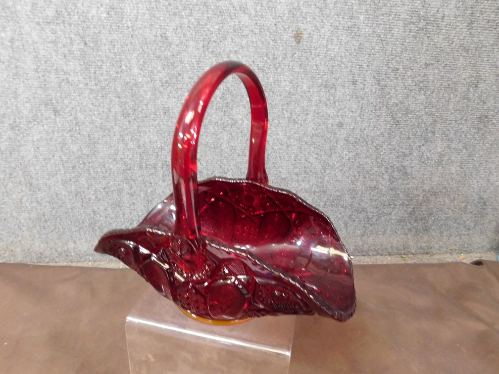 Vintage Ruby Red Glass Handled Amberina Basket 10" x 5" x 8" T