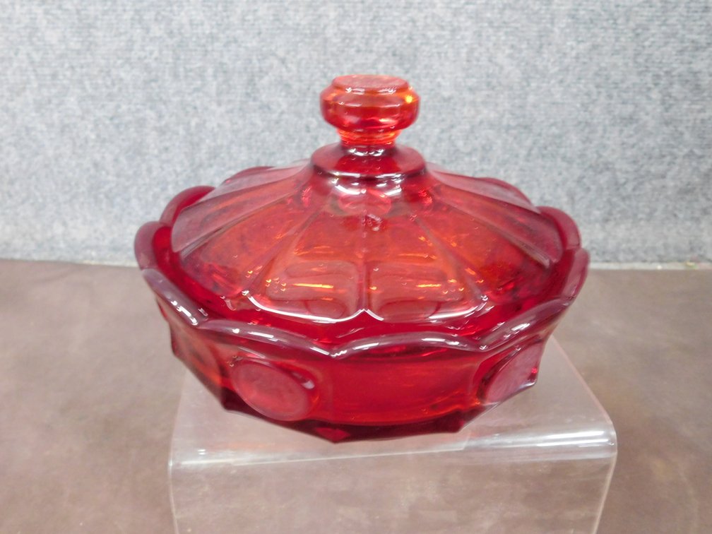 Fosteria Ruby Red Coin Glass Covered Candy Dish 6" x 2"