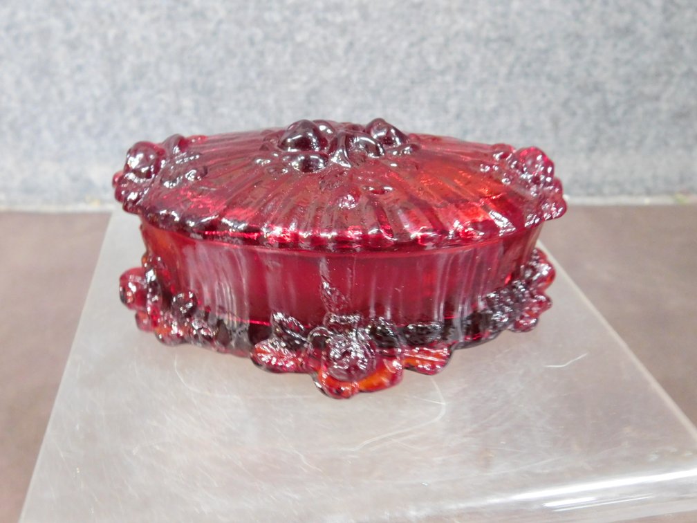 Fenton Ruby Red Cabbage Rose Footed Trinket Box 2 1/2" x 4 1/2"