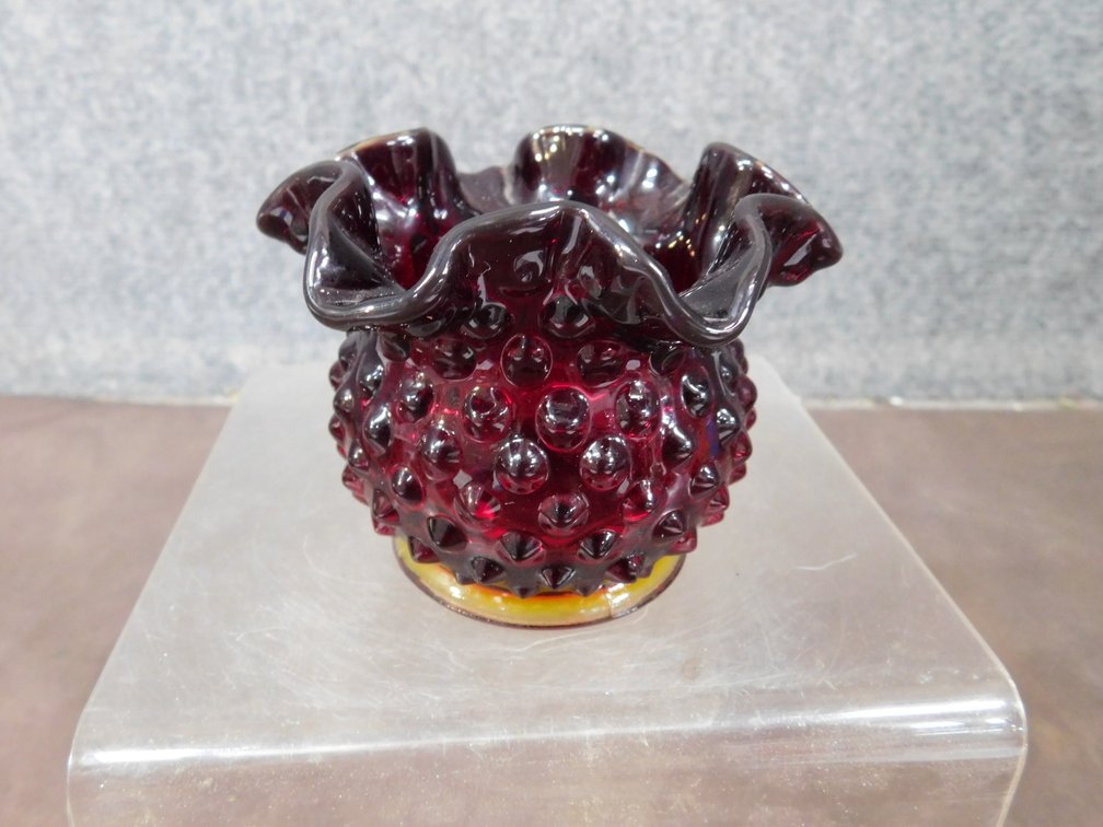 Fenton Amberina Hobnail Ruffled Vase 4" x 3"