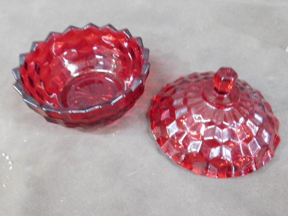 Fosteria Ruby Red Candy Dish 5" x 5", Believed To Be Mismatched Lid