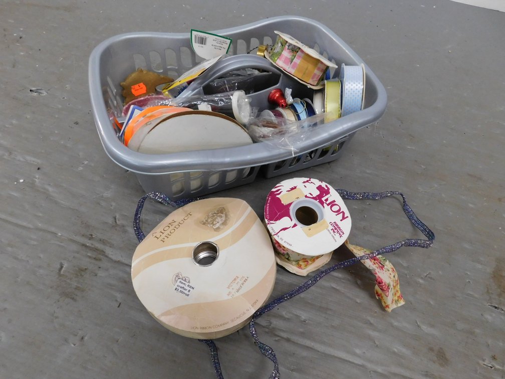 Gray Basket with Assorted Rolls of Ribbon