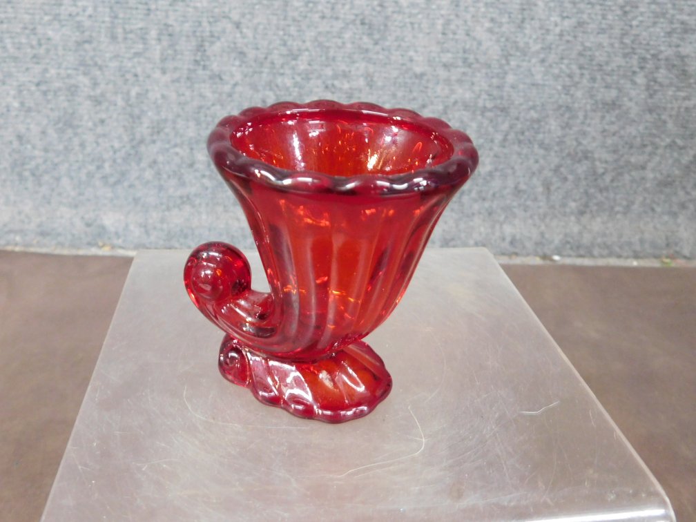 Ruby Red Glass Horn of Plenty Toothpick Holder 3" x 3"