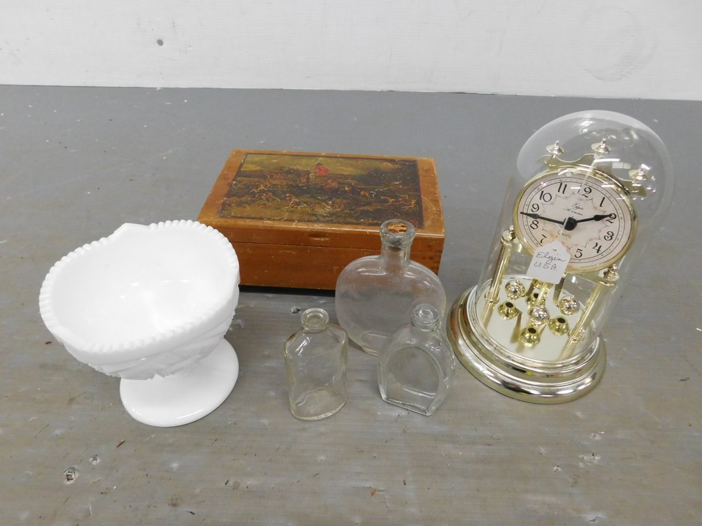 Elgin USA Anniversary Clock, Glass Bottles, Milk Glass Dish, Wood  Box