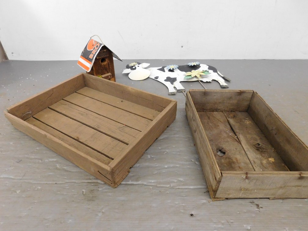 Two Wood Trays, Birdhouse with License Plate Top, Cow Yard Art