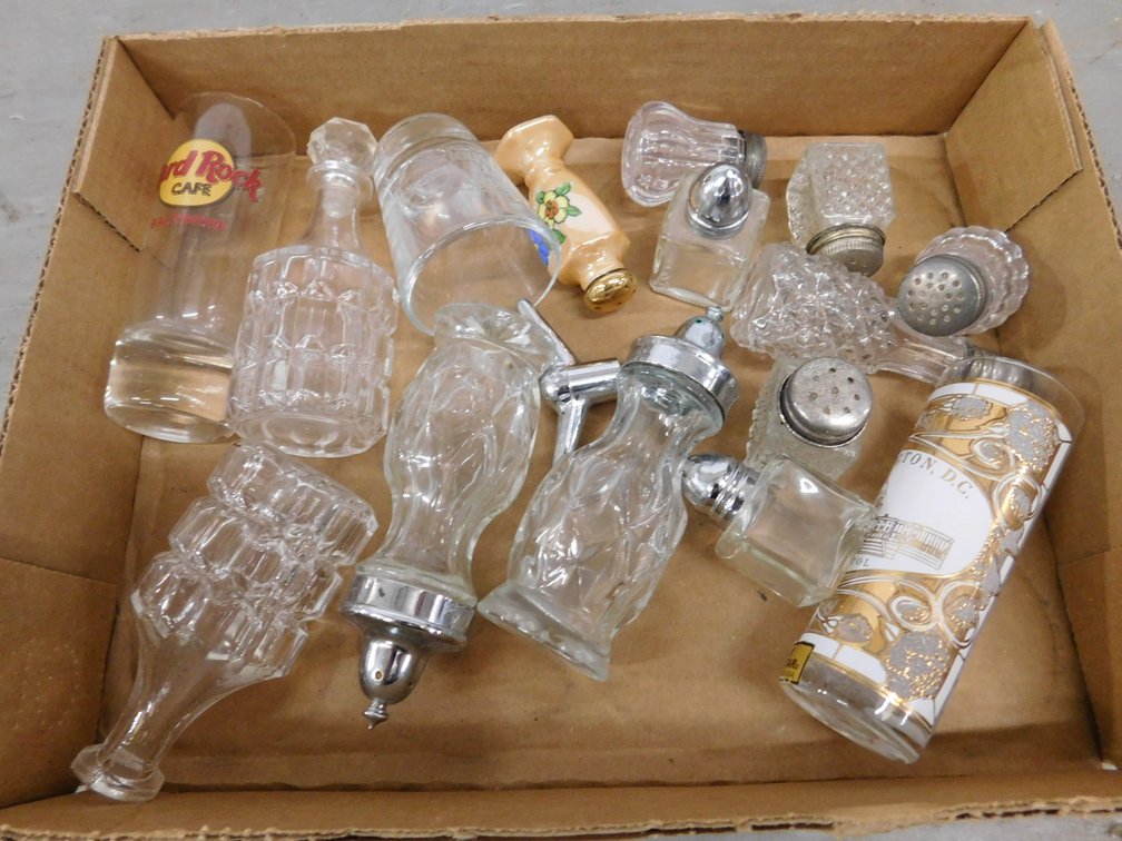 Assorted Glass Salt & Pepper Shakers, Shot Glasses etc.