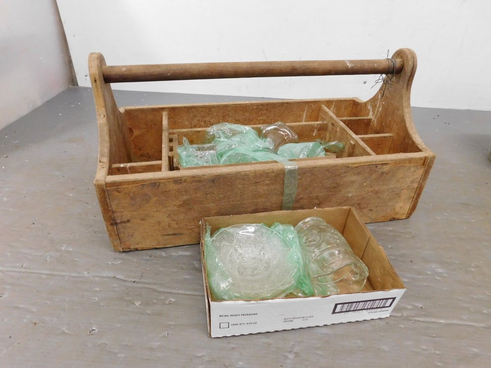 Wood Carpenters Tool Box with Glass Dishes