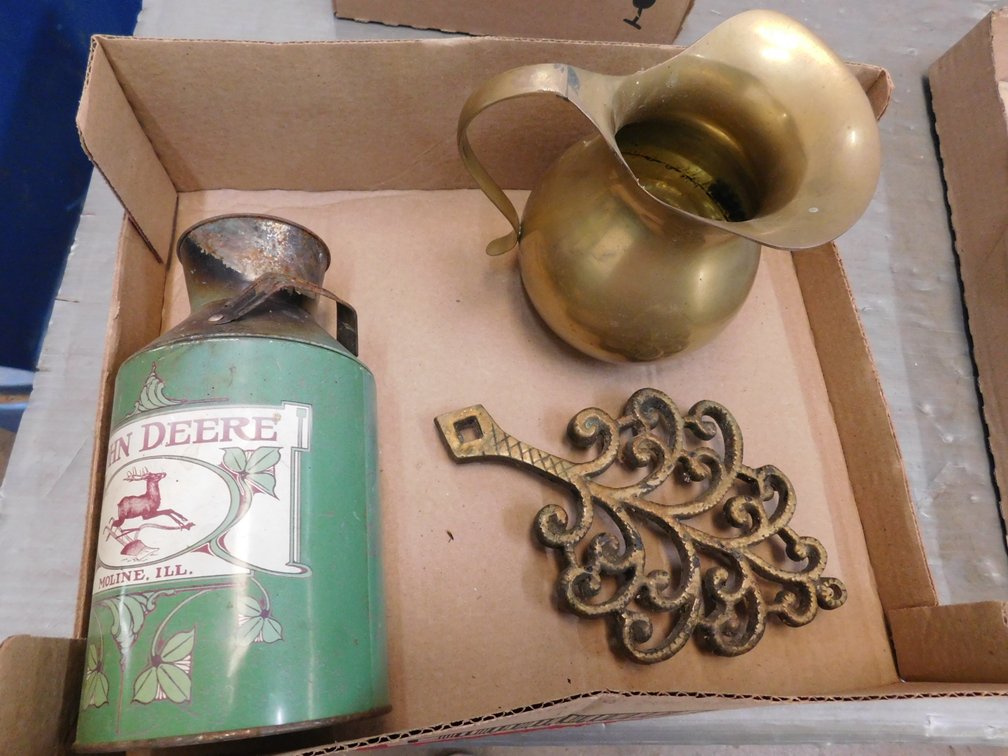 Brass Pitcher, John Deere Tin, Trivet