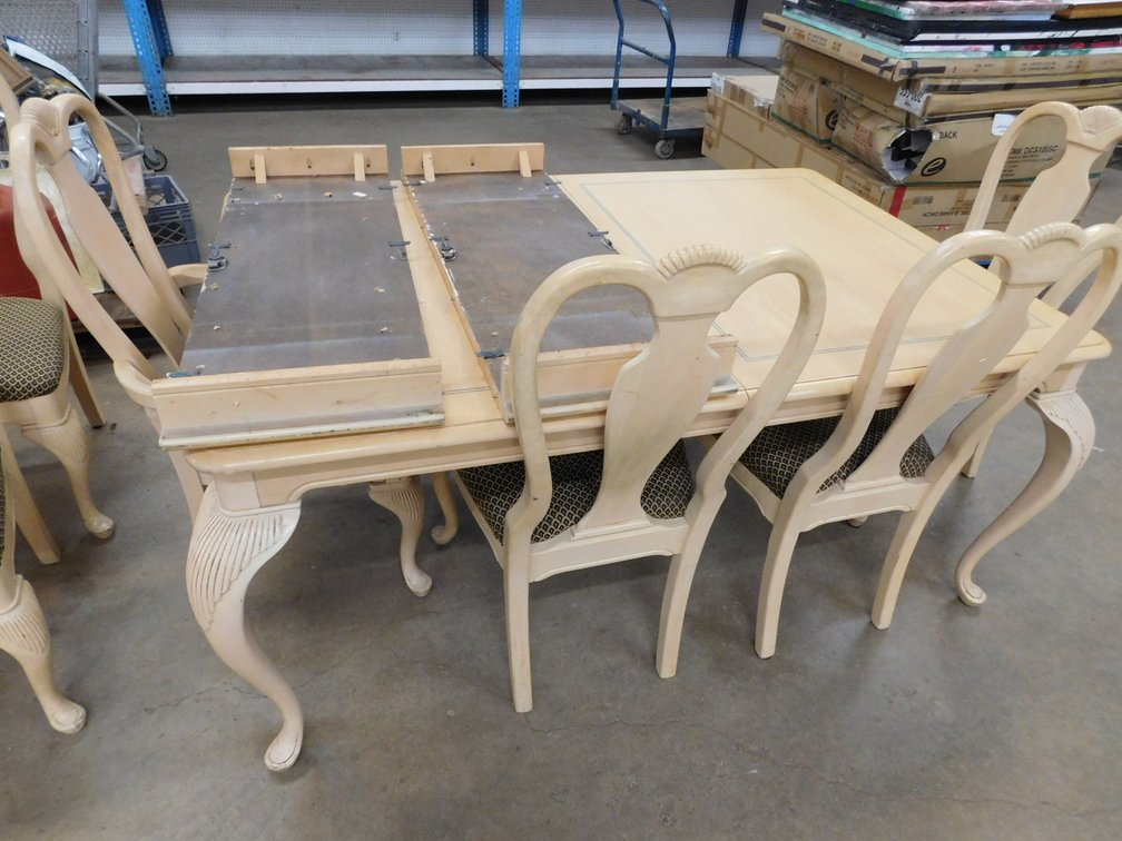 Kitchen Table with Two Captain Chairs, Six Regular Chairs, 2 14 1/2" Leaves, 45" x 67" L, One Captain Chair Needs new Screw
