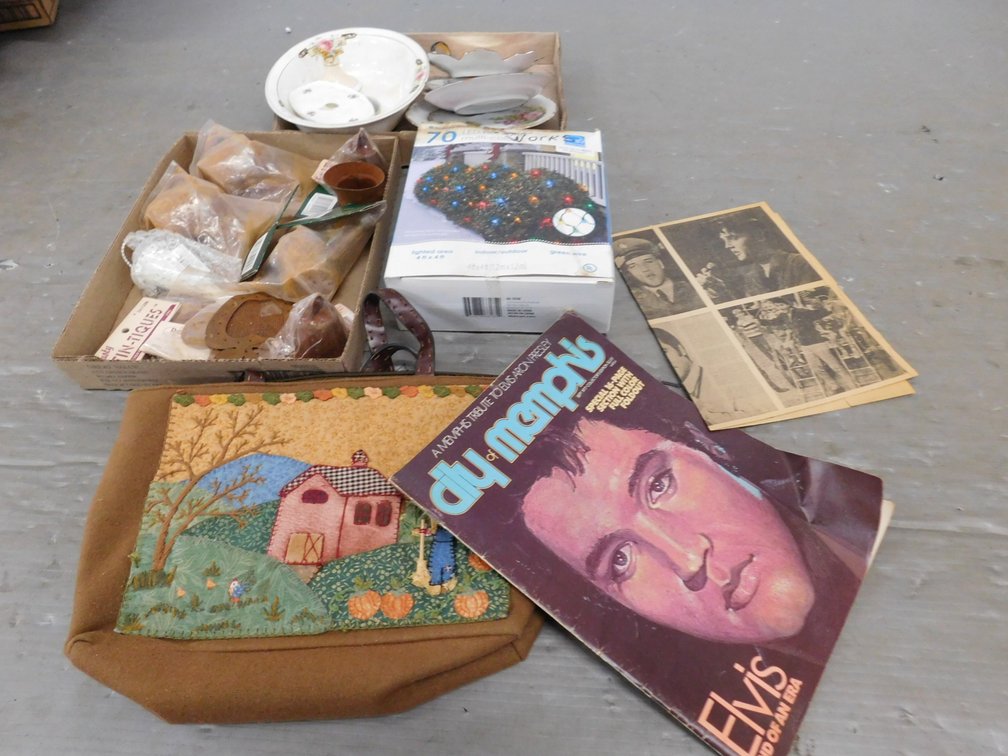 Net Lights, Decorative Mini Plates, Two 4 1/4" Rusty Water Can, Purse, Magazine etc.