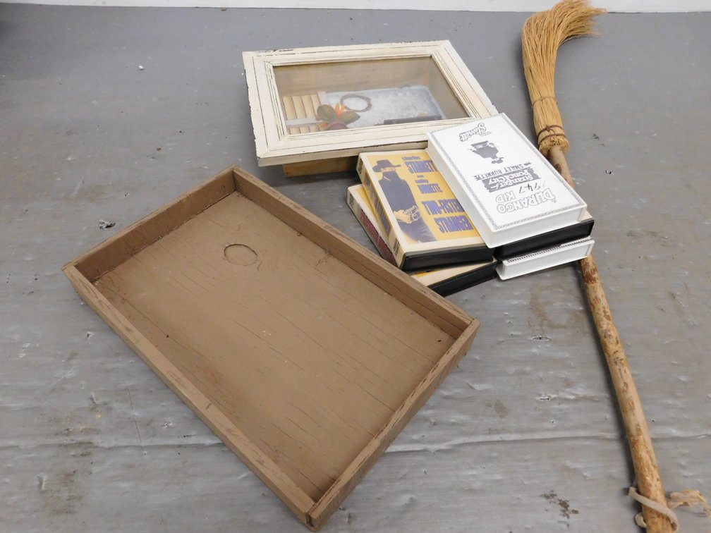 VHS Tapes, Decorative Shadow Box 11" x 14 1/2", Broom etc.