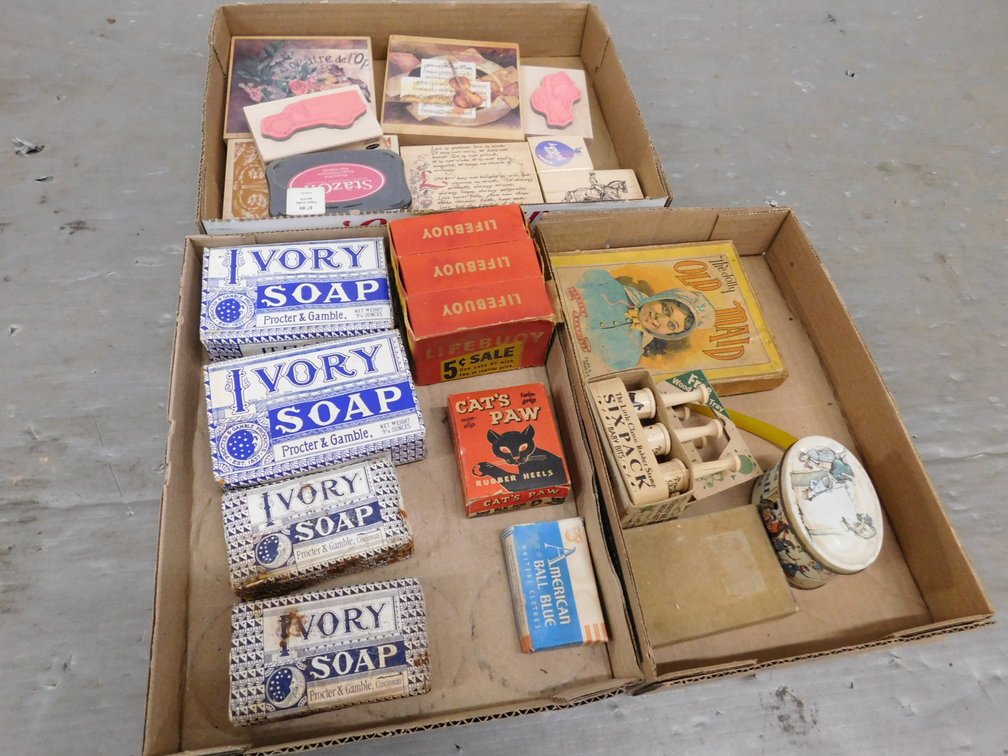 Soap, Rubber Stamps, Ink Pad, Jacks & Ball Set in Tin etc.