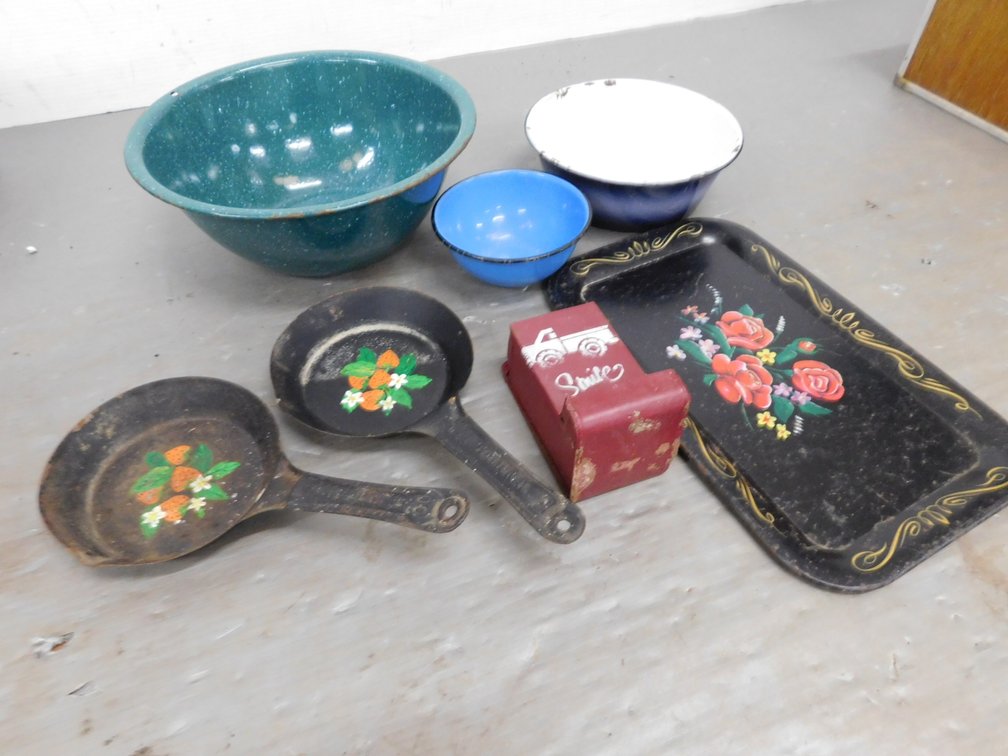 Graniteware Bowls, Decorative Metal Tray, Matchbox Holder, Two Decorative Skillets
