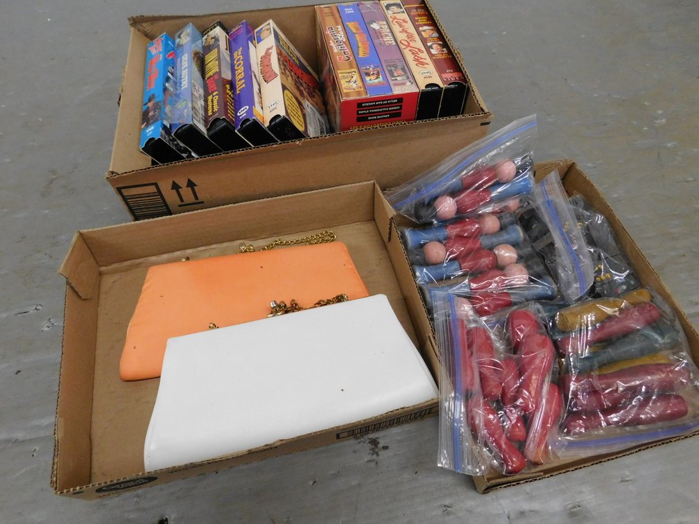 VHs Tapes, Two Small Hand Bags, Mini Wood Bowling Pins, Dominos etc.