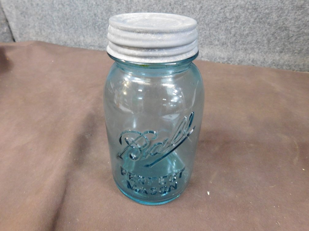 Vintage Aqua Blue Ball "Perfect Mason" Quart Canning Jar #13 with Zinc Lid