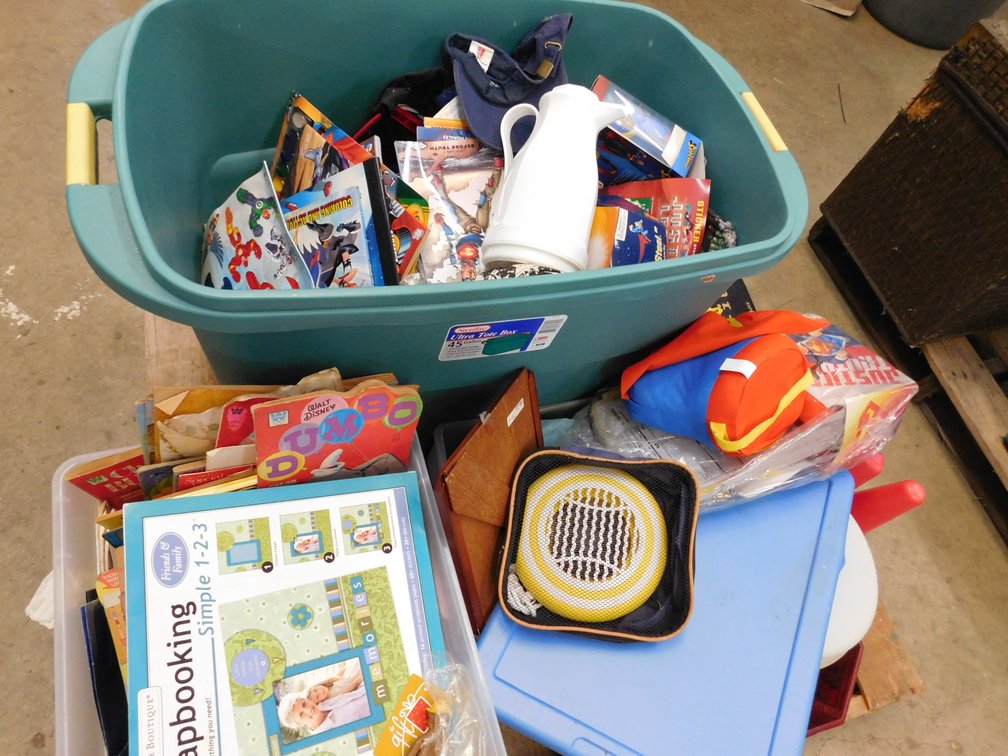 Pallet Lot OF Assorted Household Items, Totes, Toys, etc.