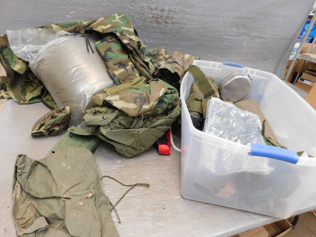 Tote with Assorted Camo Items, Pads, Sleeping Bag etc.