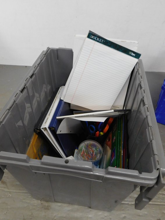 Tote Filled with Assorted Office Supplies, Tablets, Paper Clips Etc.