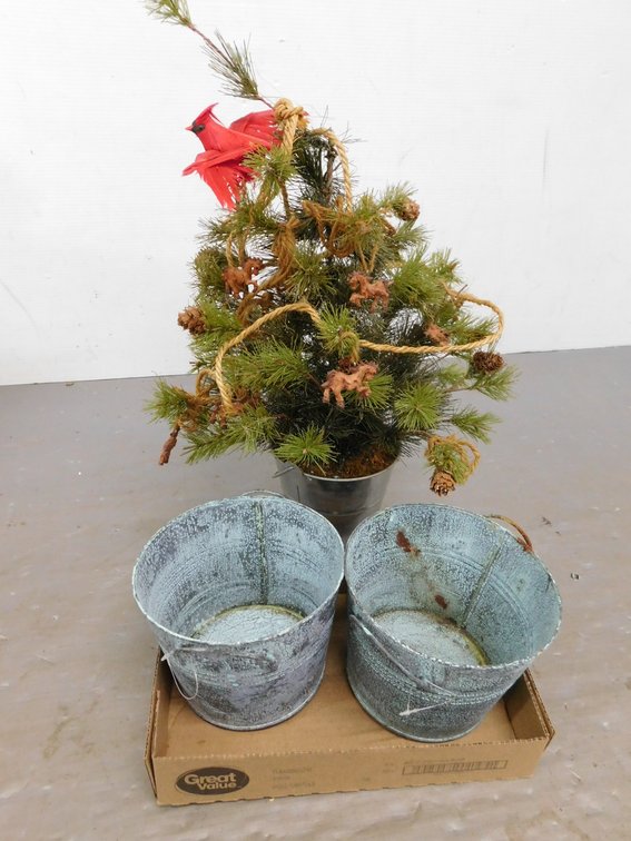 Two Decorative Pails, Potted Christmas Tree with Horse Garland 22" T