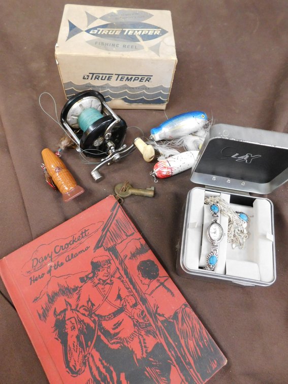 Fishing Lures, Reels, Davy Crockett Hero of the Alamo Book, Watch, Jewelry