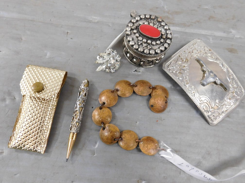 1930's-40's Canada Penny's Bracelet, Rhinestone Signed Sherman, Belt Buckle, Trinket Box, Pencil