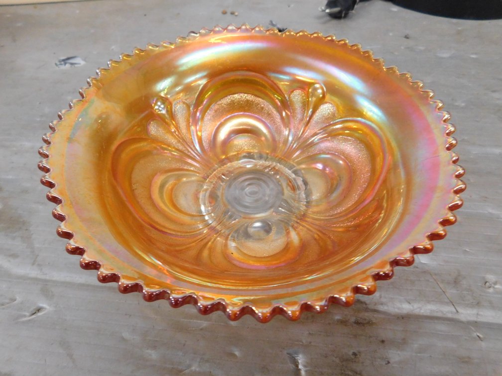 Vintage Scroll & Embossed Carnival Glass Bowl 7 1/2"