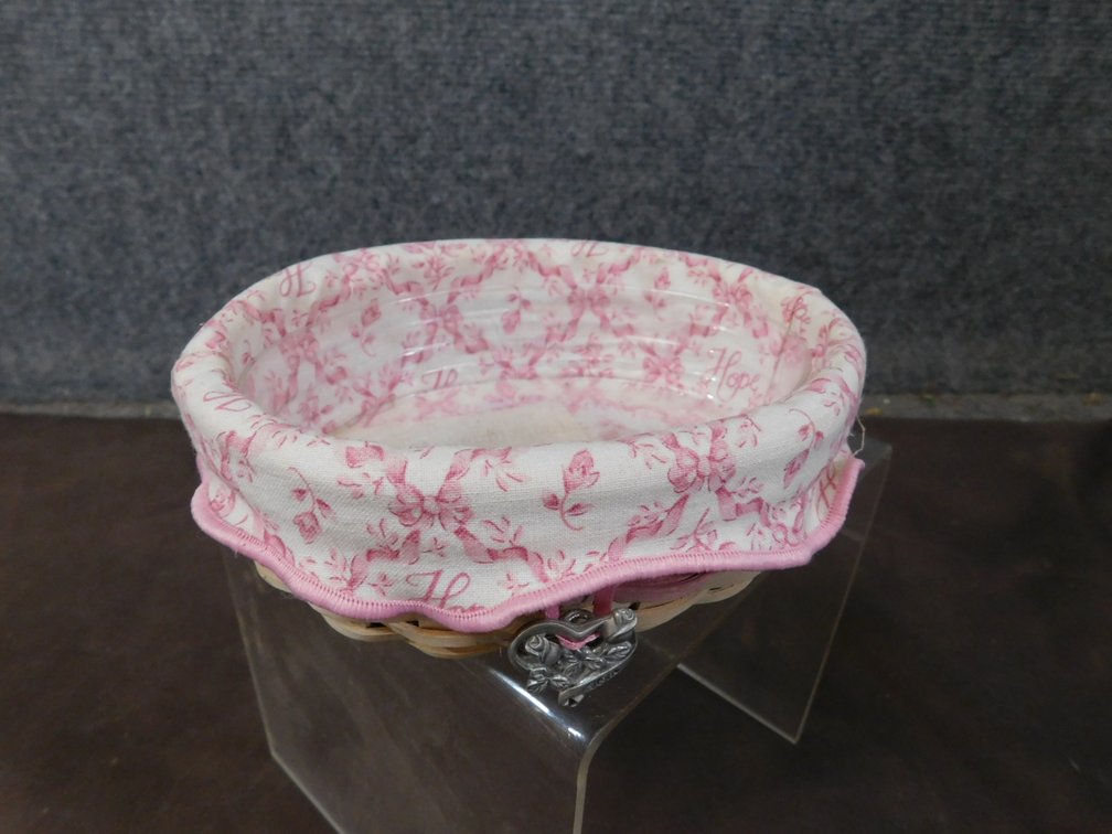 2003 Longaberger American Cancer Society Basket Signed By Carmen & Larry Longaberger with Liner, Protector, Tie-On 5 1/2" x 4 1/2" x 2 1/2"