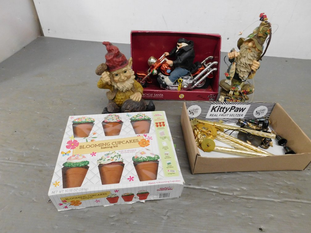 Motorcycle Santa, Gnomes, Blooming Cupcake Baking Kit, etc.
