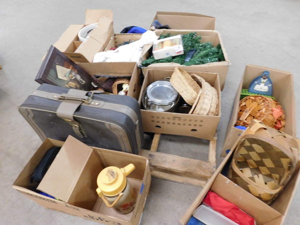 Pallet Lot of Assorted Household Items, Suitcase, Baskets etc.