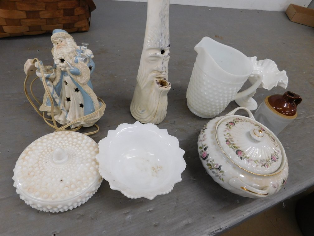 Baskets, Milk Glass Pitcher, Decorative Items etc.