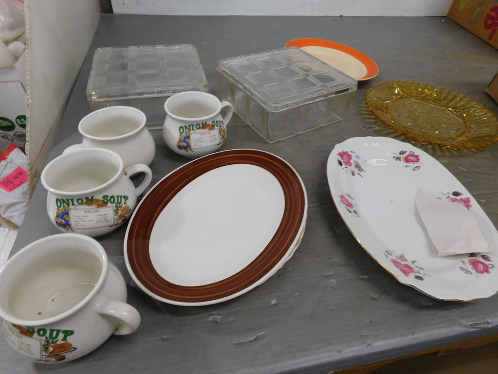 Soup Mugs, Plates, Glass Dish etc.