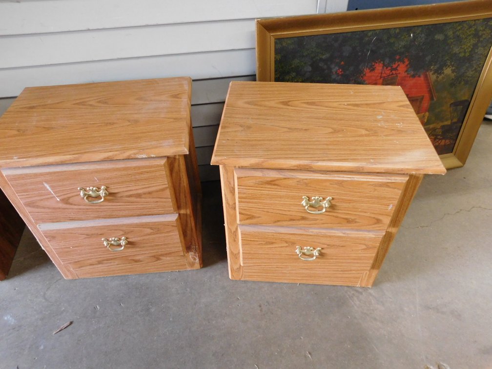 Two Light Brown Pressed Wood Night Stands with Wall Hanging, With Damage