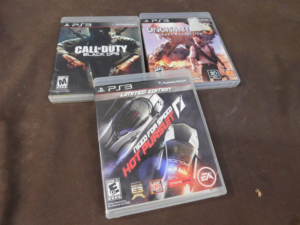 Three PS3 Games, Call of Duty Black Ops, Need for Speed Hot Pursuit Limited Edition, Uncharted Drake's Deception 3