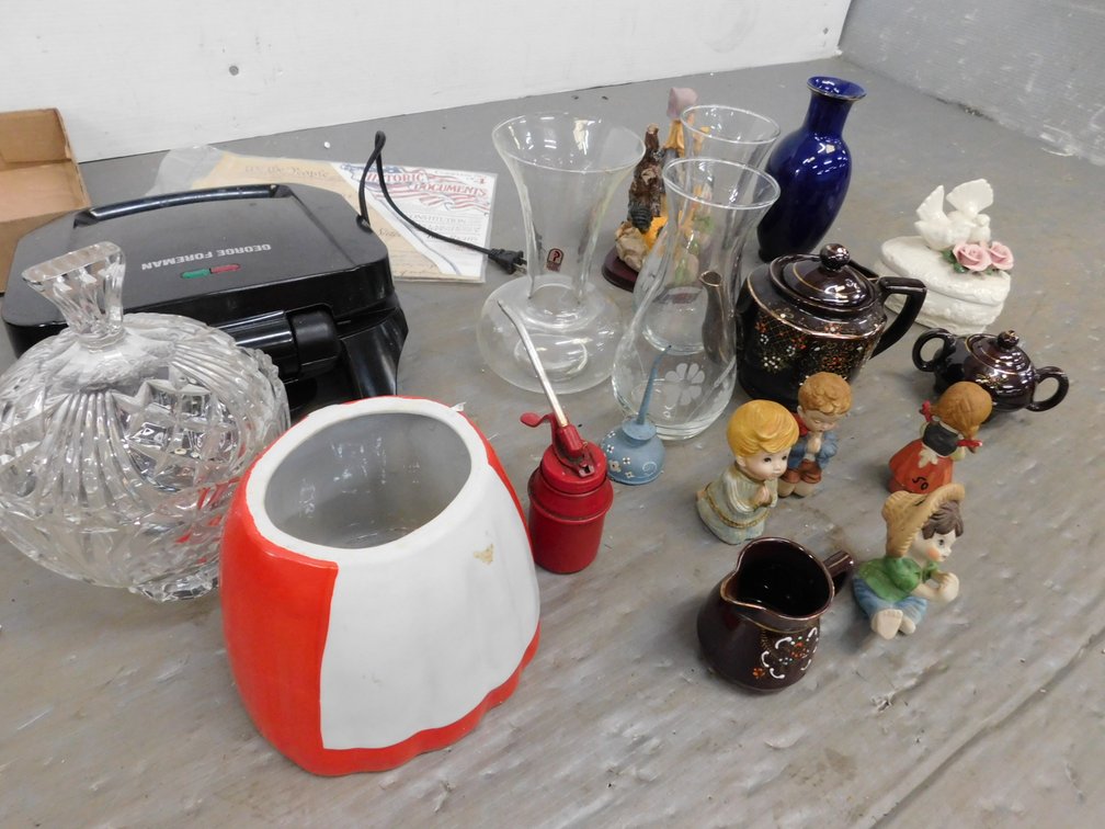 George Forman Grill, Glass Candy Dish, Tea Pot etc.