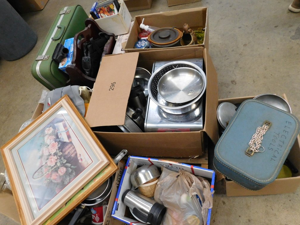 Pallet Lot of Assorted Household Items, Pans, Pans, Suitcase etc.