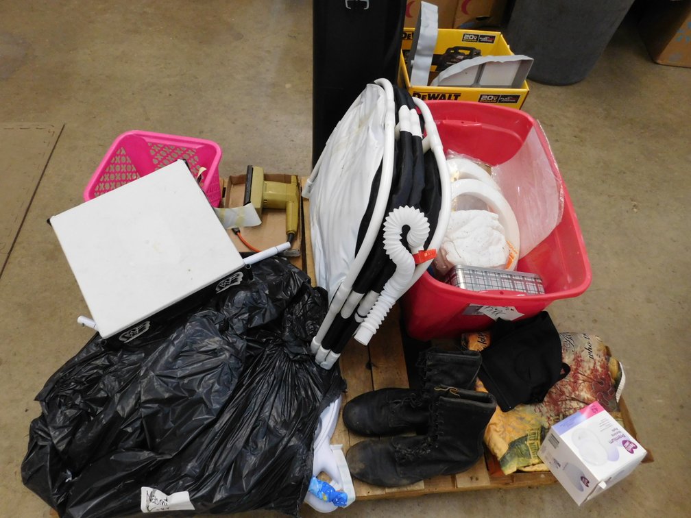 Pallet Lot of Assorted Household Items, Tote, Shoes, Baby Toy, Nursing Pads etc.