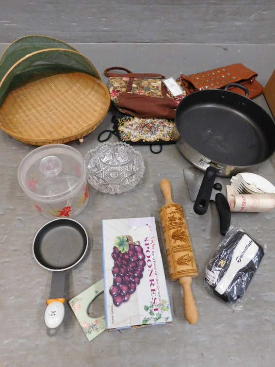 Purse, Glass Bowl, Skillet, Rolling Pin etc.
