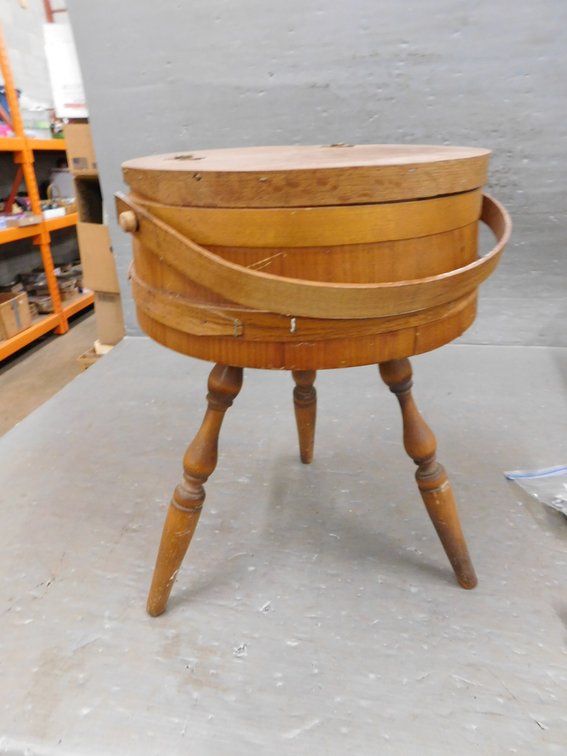 Vintage Wooden Barrel Sewing Box on Three Legs, Needs Repaired