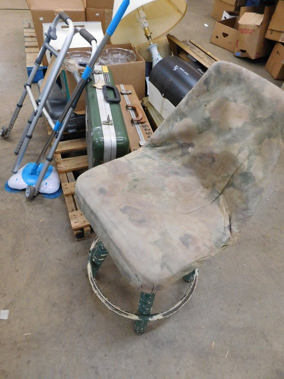 Pallet Lot Of Assorted Household Items, Walker, Cooler, Lamp, Stool, Luggage etc.