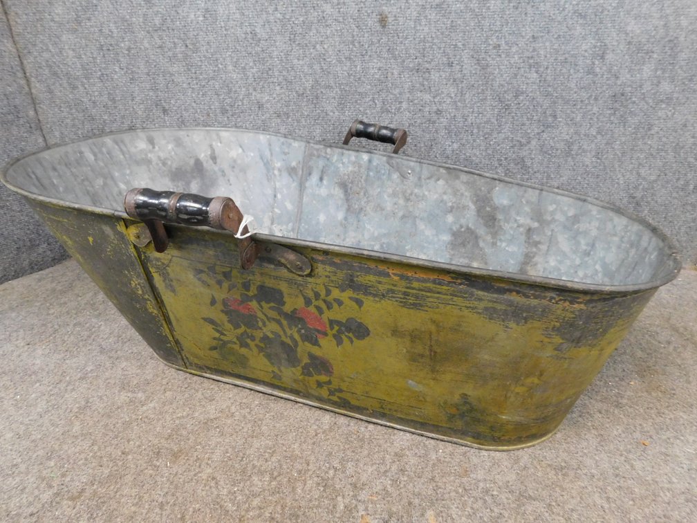 Late 1800's Galvanized Baby Bath Tub with Pole Painting 30"L