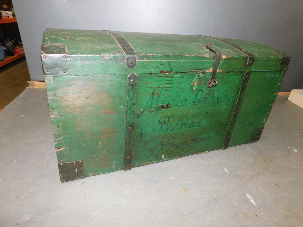 Pine Immigrants Trunk with hand Wrought Strapping Handles and Hinges, Dove Tail Construction, Maria Guhring, New Breman New York, 34"W x 17 1/2" x 17"