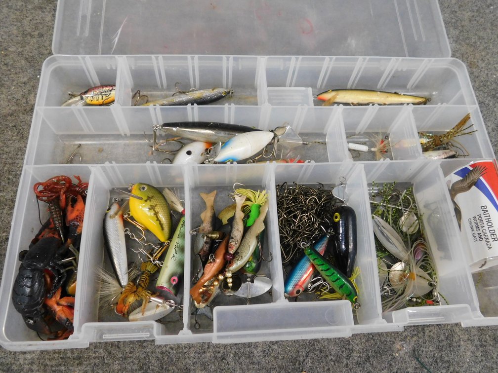 Plastic Container with Lures and Hooks Etc.