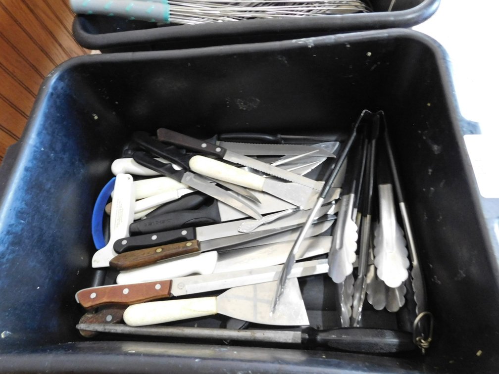 Bus Tub of Knives, Tongs and Sharpners